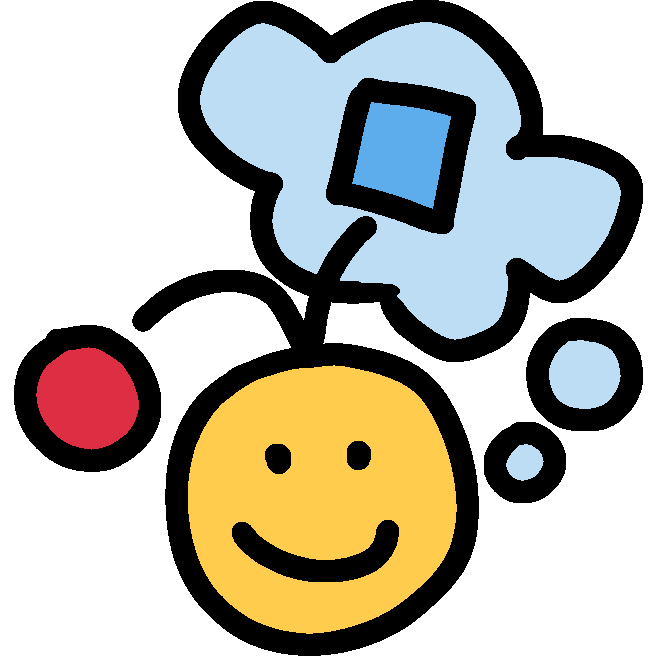 a smiling emoji yellow face with a red ball falling out of their thought bubble and bonking them on the head, leaving a dashed line to show its path. the thought bubble has a blue square line where the ball was